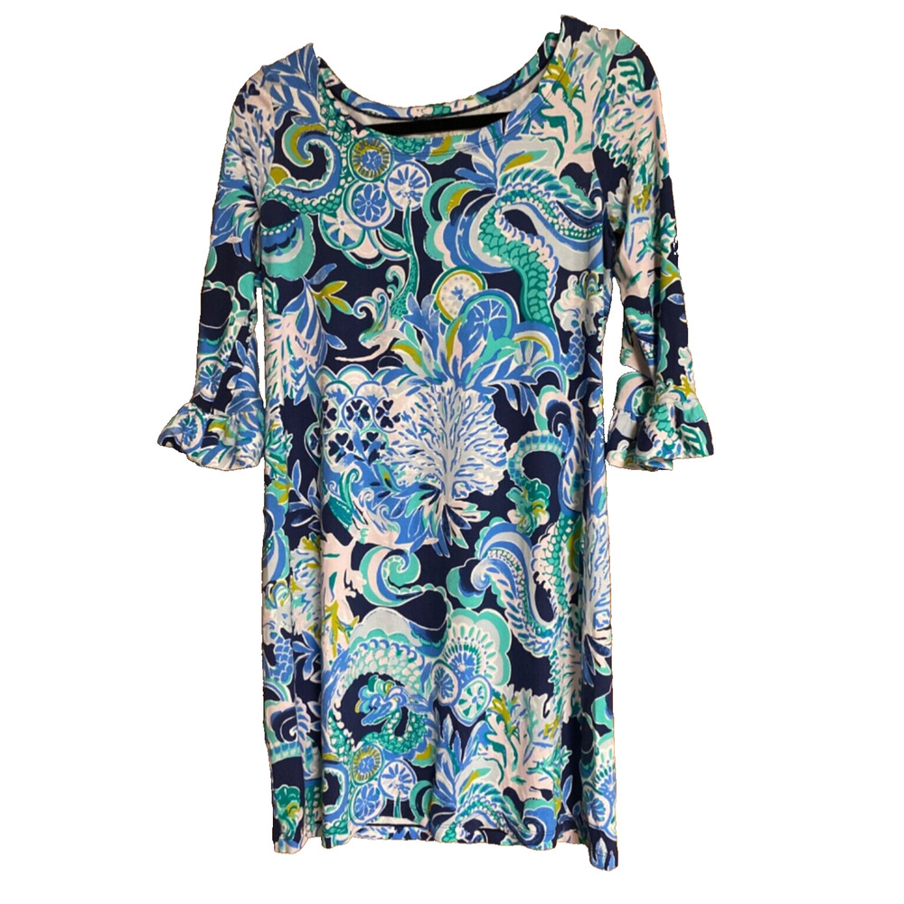 LILLY PULITZER Sophie Dress Navy Sirens & Spirits Dress UPF 50+ Ruffle, Size S